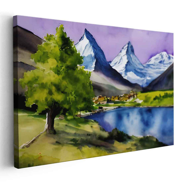 Serene Alpine Retreat: Tranquil Watercolor Mountain Landscape