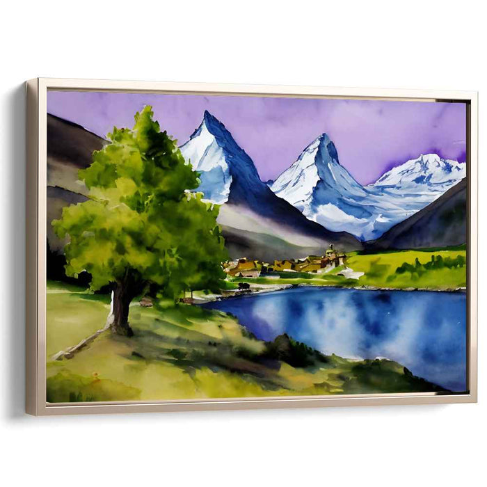 Serene Alpine Retreat: Tranquil Watercolor Mountain Landscape