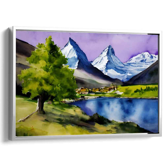 Serene Alpine Retreat: Tranquil Watercolor Mountain Landscape