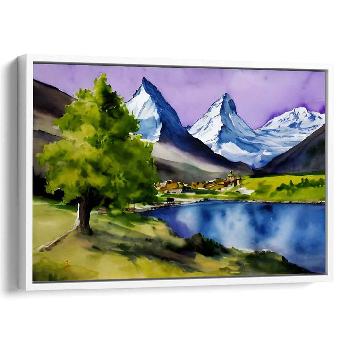 Serene Alpine Retreat: Tranquil Watercolor Mountain Landscape