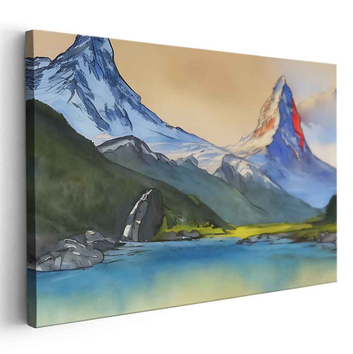 Whispers Among Misty Peaks: Romantic Watercolor Mountain Landscape Canvas Art