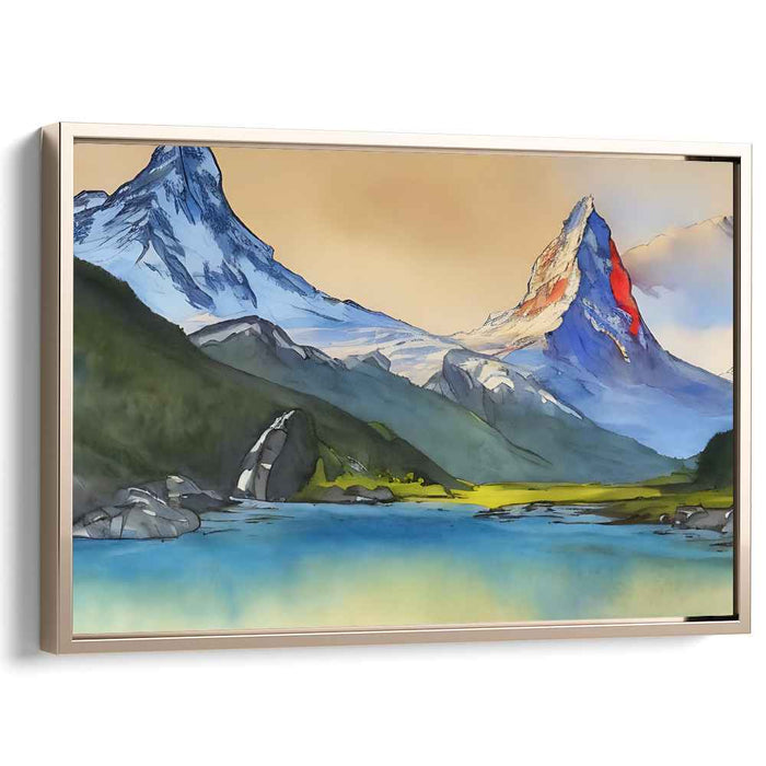 Whispers Among Misty Peaks: Romantic Watercolor Mountain Landscape Canvas Art