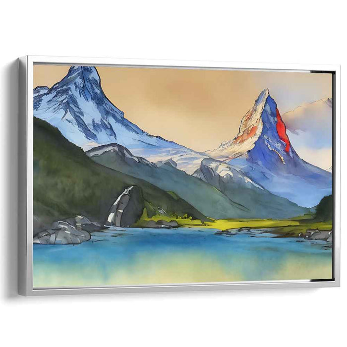 Whispers Among Misty Peaks: Romantic Watercolor Mountain Landscape Canvas Art