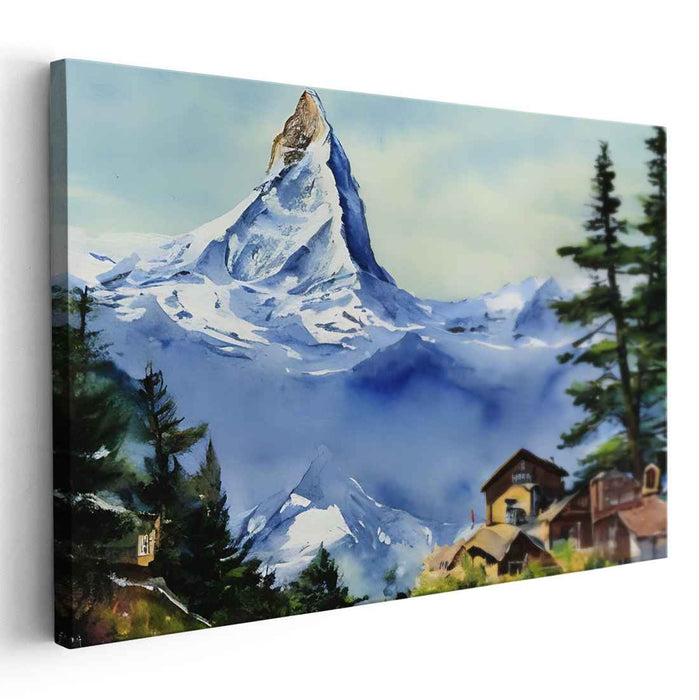 Whispers Of Frosty Hamlet: Snow-Capped Mountain and Village Watercolor Landscape