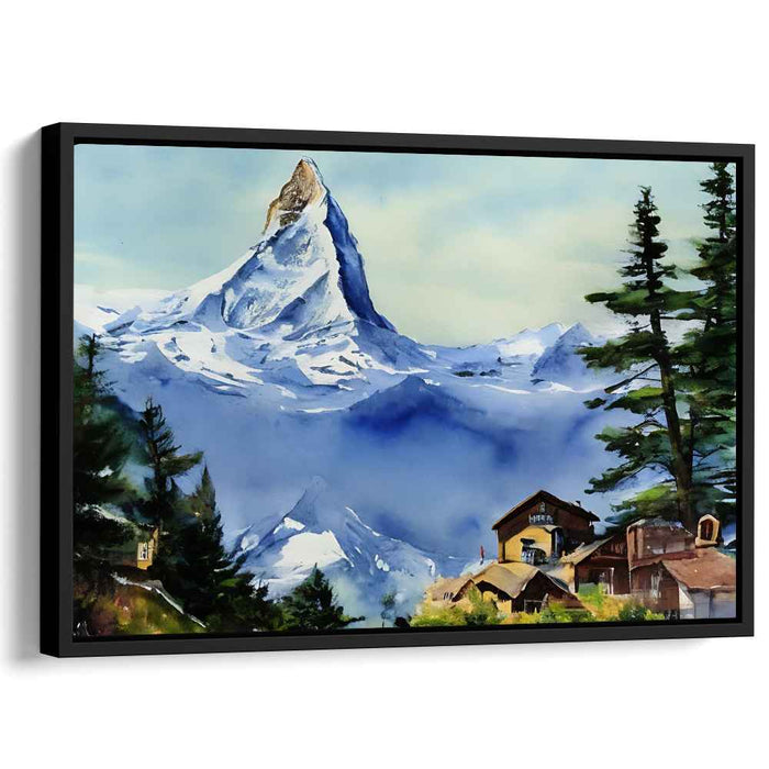 Whispers Of Frosty Hamlet: Snow-Capped Mountain and Village Watercolor Landscape