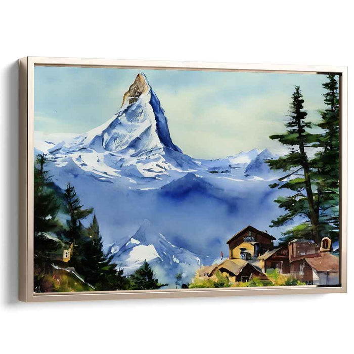 Whispers Of Frosty Hamlet: Snow-Capped Mountain and Village Watercolor Landscape