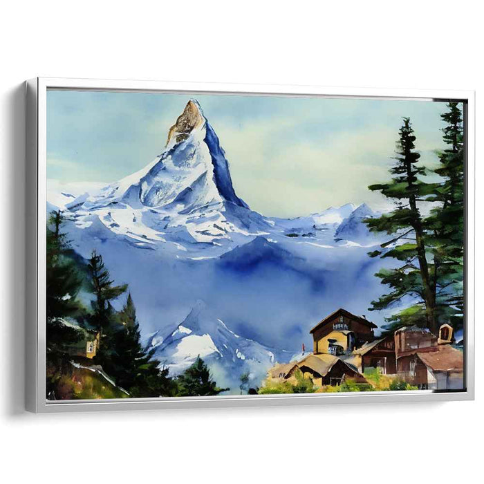 Whispers Of Frosty Hamlet: Snow-Capped Mountain and Village Watercolor Landscape