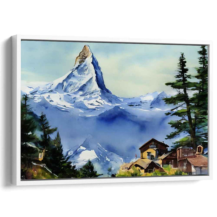 Whispers Of Frosty Hamlet: Snow-Capped Mountain and Village Watercolor Landscape