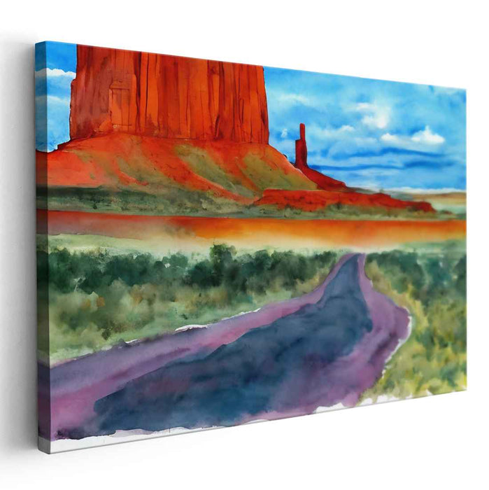 Crimson Routes Unveiled: Vibrant Watercolor Landscape of Red Rock and Open Road