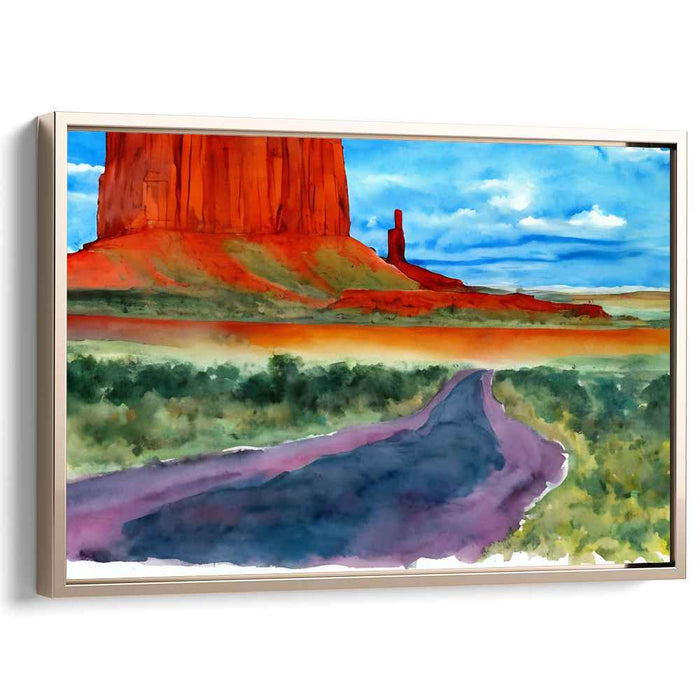 Crimson Routes Unveiled: Vibrant Watercolor Landscape of Red Rock and Open Road