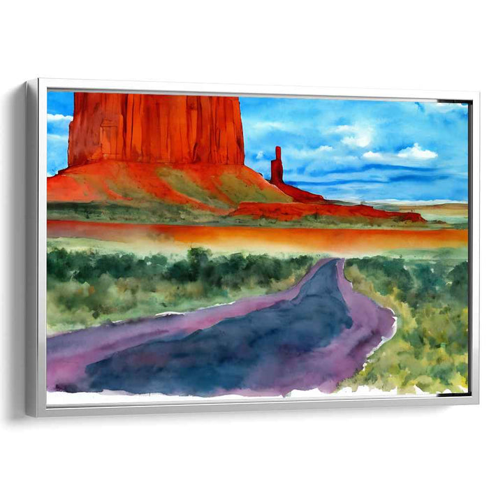 Crimson Routes Unveiled: Vibrant Watercolor Landscape of Red Rock and Open Road