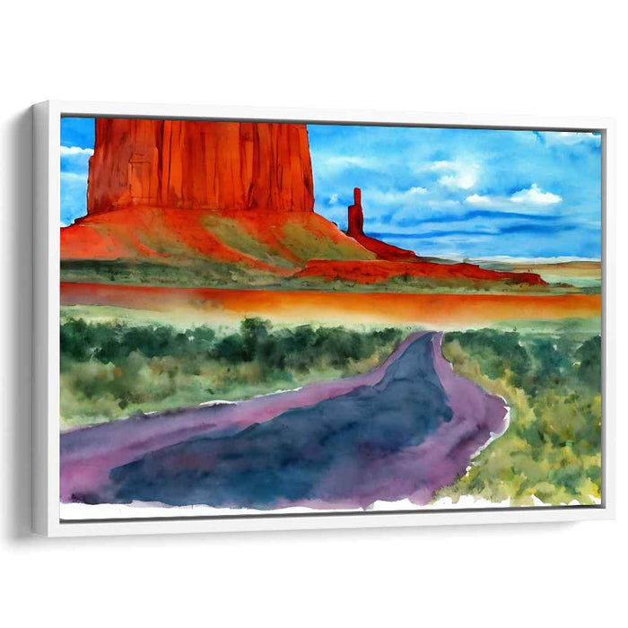 Crimson Routes Unveiled: Vibrant Watercolor Landscape of Red Rock and Open Road