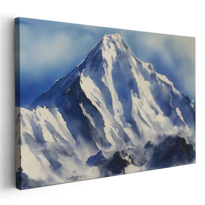 Frosty Summit Reflections: Snow-Capped Mountain Watercolor Landscape