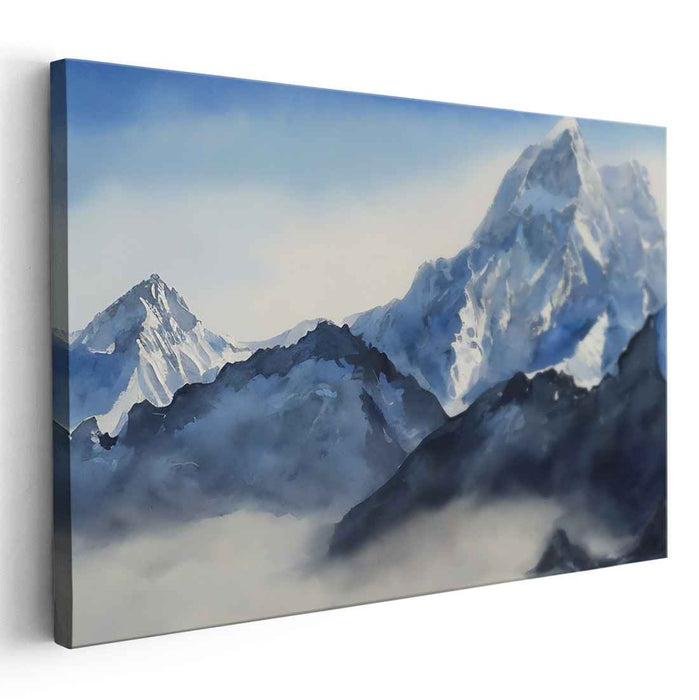 Cloud Veil Ascension: Serene Mountain Landscape in Watercolor