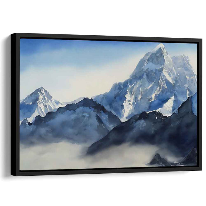 Cloud Veil Ascension: Serene Mountain Landscape in Watercolor