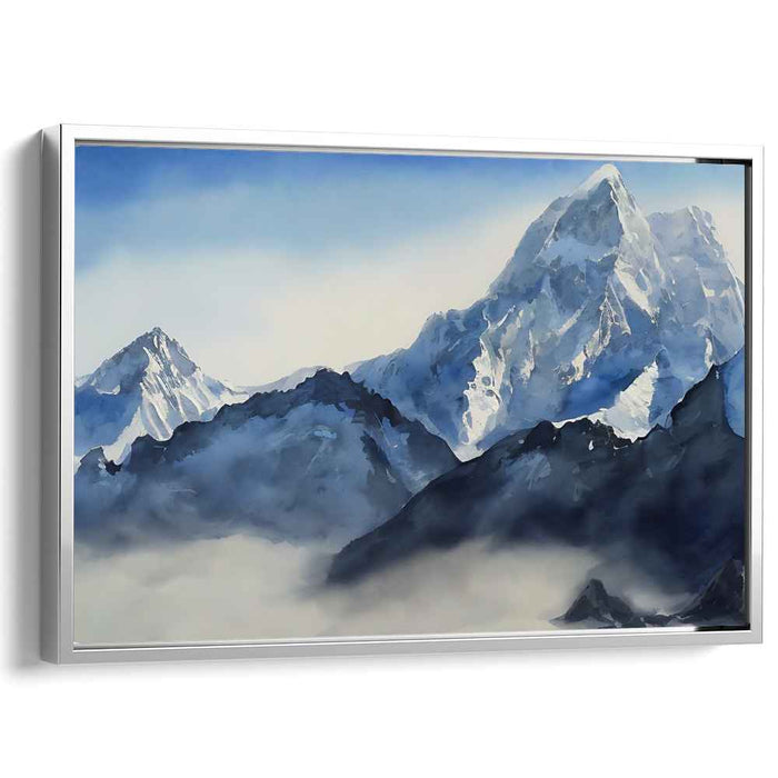 Cloud Veil Ascension: Serene Mountain Landscape in Watercolor