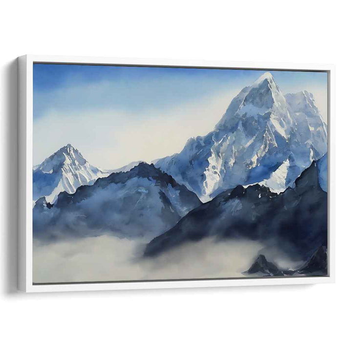 Cloud Veil Ascension: Serene Mountain Landscape in Watercolor