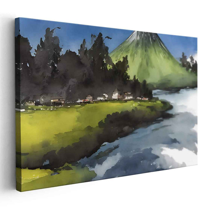 Serene Mountain Village: Tranquil Watercolor Landscape Canvas Art Print