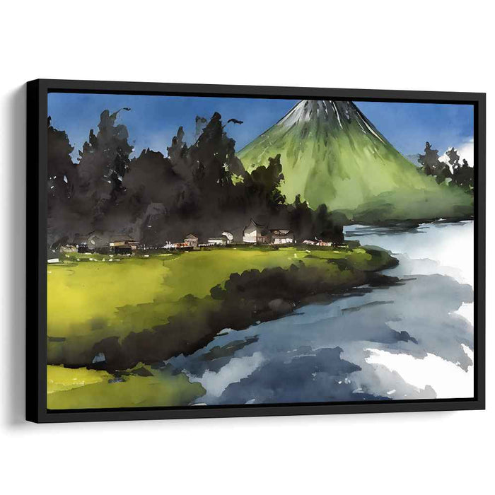 Serene Mountain Village: Tranquil Watercolor Landscape Canvas Art Print