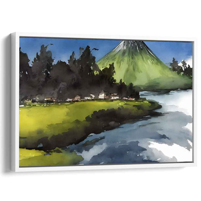 Serene Mountain Village: Tranquil Watercolor Landscape Canvas Art Print