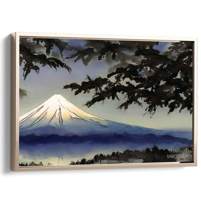 Misty Fuji Oasis: Watercolor View of Mount Fuji Amidst Misty Foliage