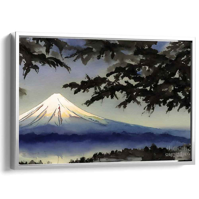 Misty Fuji Oasis: Watercolor View of Mount Fuji Amidst Misty Foliage