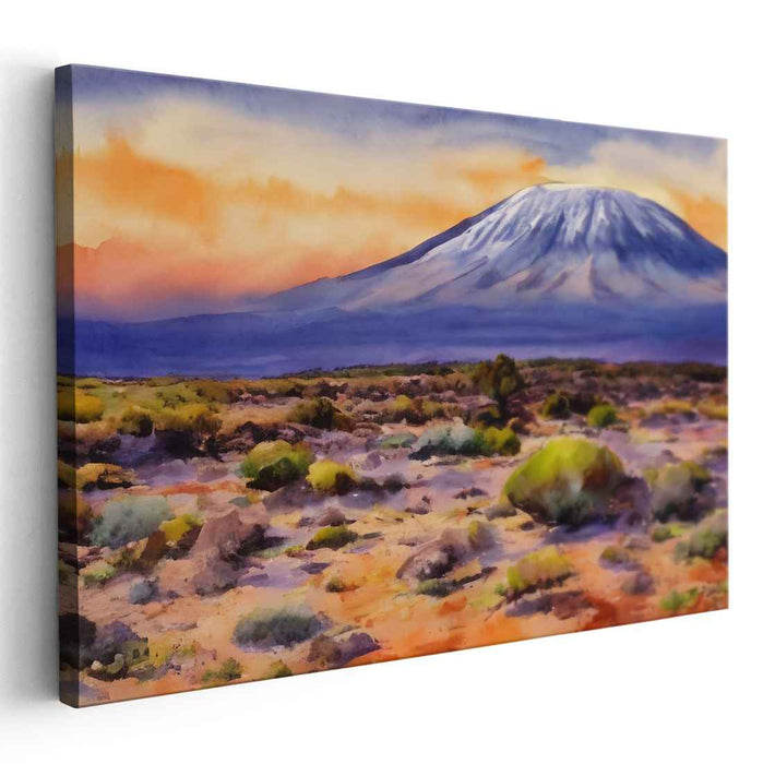 Twilight Peaks Painting: Serene Mountain Sunset Watercolor Canvas Art