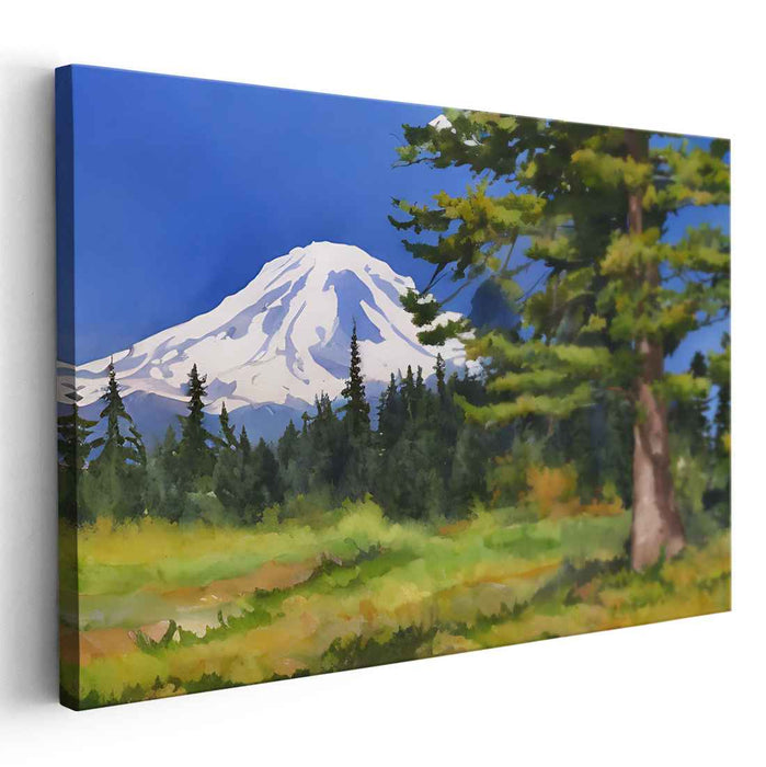 Frosty Coniferscape: Watercolor Landscape of Snow-Capped Mountain and Evergreen Forest