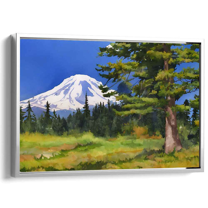 Frosty Coniferscape: Watercolor Landscape of Snow-Capped Mountain and Evergreen Forest