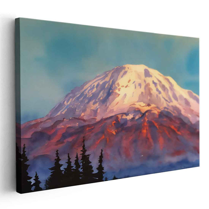 Aurora Peak Tranquility: Serene Mountain Sunset Watercolor Canvas Art