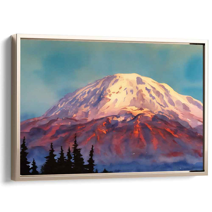 Aurora Peak Tranquility: Serene Mountain Sunset Watercolor Canvas Art