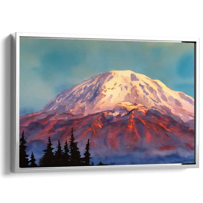 Aurora Peak Tranquility: Serene Mountain Sunset Watercolor Canvas Art