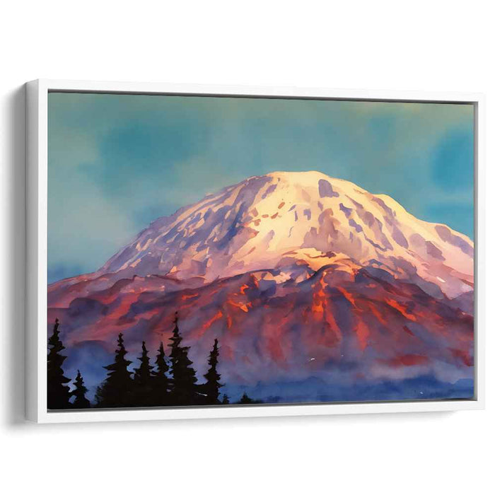 Aurora Peak Tranquility: Serene Mountain Sunset Watercolor Canvas Art
