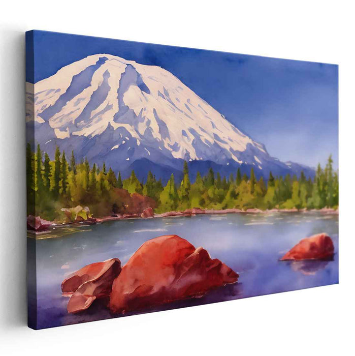 Frozen Serenity Dreamland: Snow-Capped Peak and Tranquil Lake Landscape Canvas Art