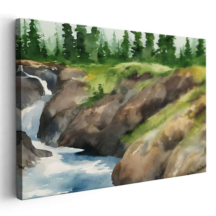 Calm Waters Cascade: Watercolor Landscape of a Serene Waterfall