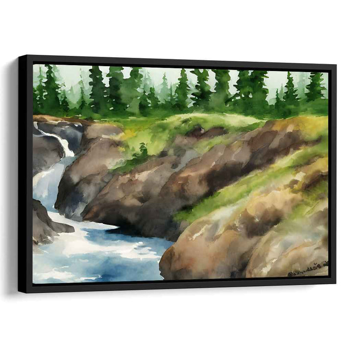 Calm Waters Cascade: Watercolor Landscape of a Serene Waterfall