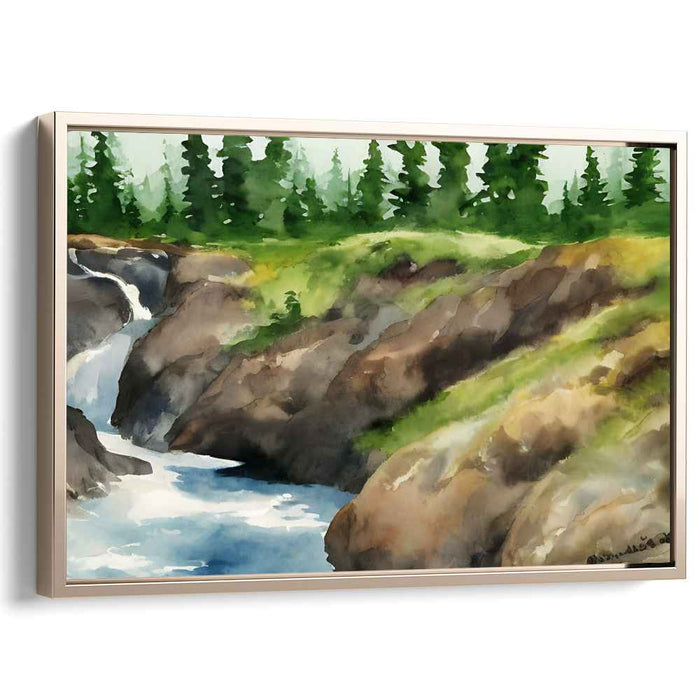 Calm Waters Cascade: Watercolor Landscape of a Serene Waterfall