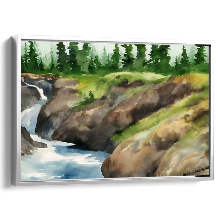 Calm Waters Cascade: Watercolor Landscape of a Serene Waterfall