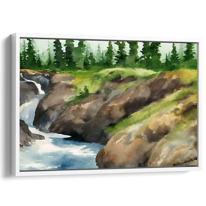 Calm Waters Cascade: Watercolor Landscape of a Serene Waterfall