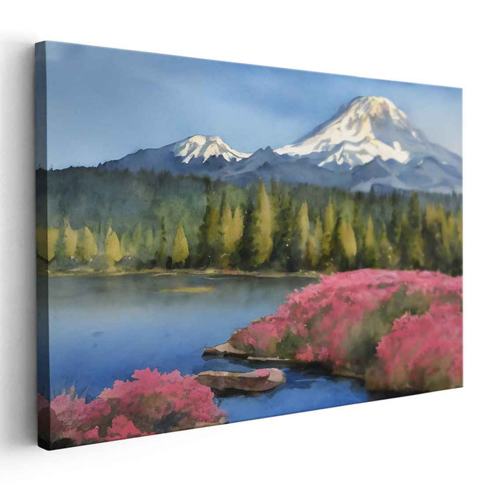 Azalea Dreamscape Symphony: Vibrant Azaleas and Tranquil Lake Landscape Art Print