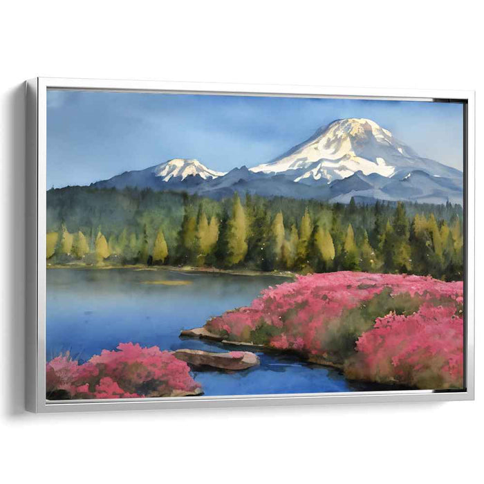 Azalea Dreamscape Symphony: Vibrant Azaleas and Tranquil Lake Landscape Art Print
