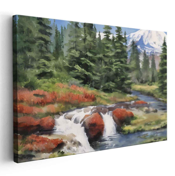Cascade Heights: Realistic Waterfall and Mountain Landscape Canvas Art Print