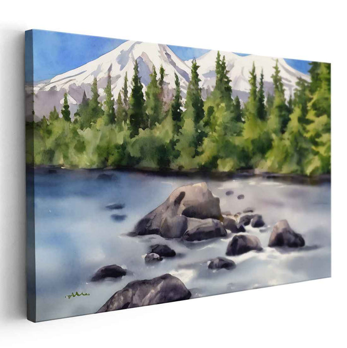 Tranquil Pines: Serene River and Majestic Pines Landscape Painting