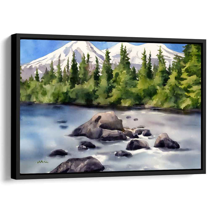 Tranquil Pines: Serene River and Majestic Pines Landscape Painting