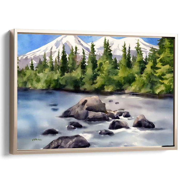 Tranquil Pines: Serene River and Majestic Pines Landscape Painting