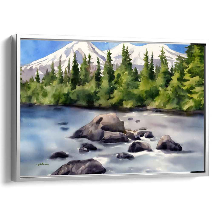 Tranquil Pines: Serene River and Majestic Pines Landscape Painting