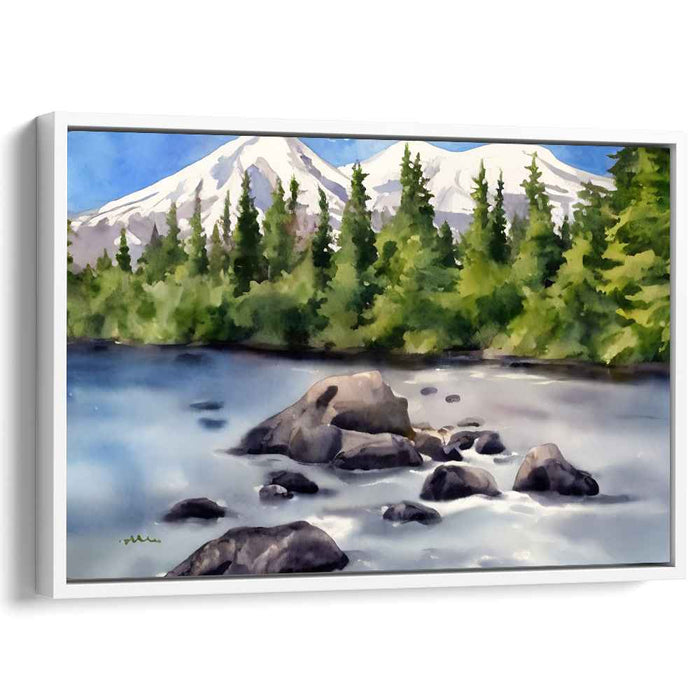 Tranquil Pines: Serene River and Majestic Pines Landscape Painting