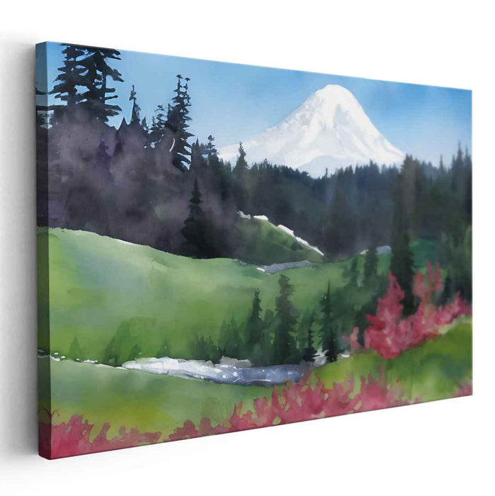 Tranquil Mountain Meadow: Serene Watercolor Landscape Art Print