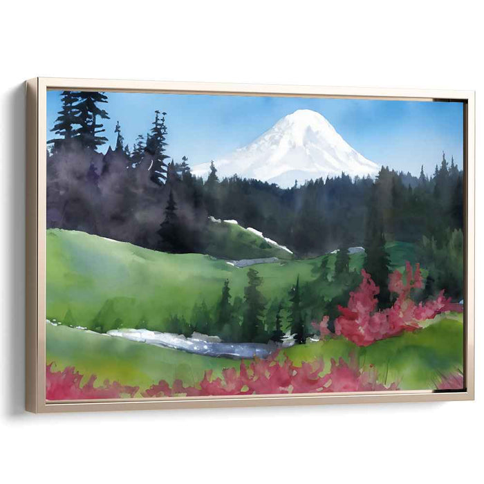 Tranquil Mountain Meadow: Serene Watercolor Landscape Art Print