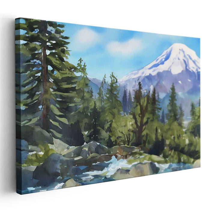 Mystic Woodscape Mirage: Majestic Mountain and Forest Landscape Watercolor